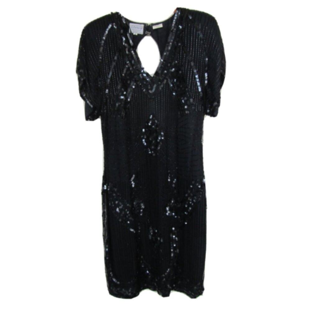 STENAY Vintage Art Deco Flapper Style Black Silk Sequins Dress